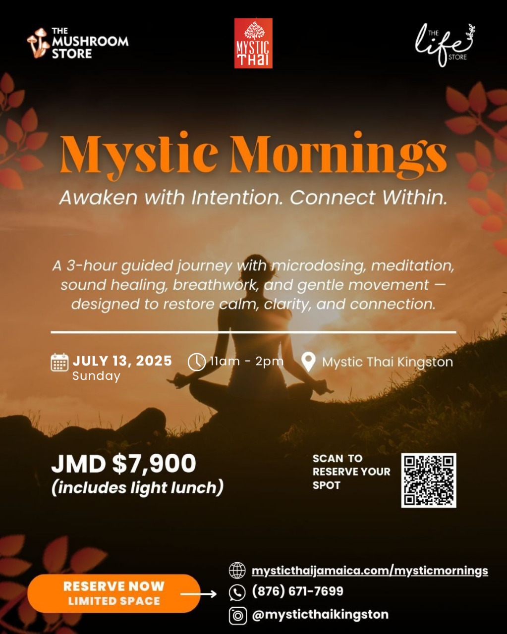 Mystic Mornings wellness event flyer for July 13, 2025 at Mystic Thai Kingston, featuring microdosing, meditation, breathwork, and sound healing — 3-hour guided experience including lunch for JMD $7,900.