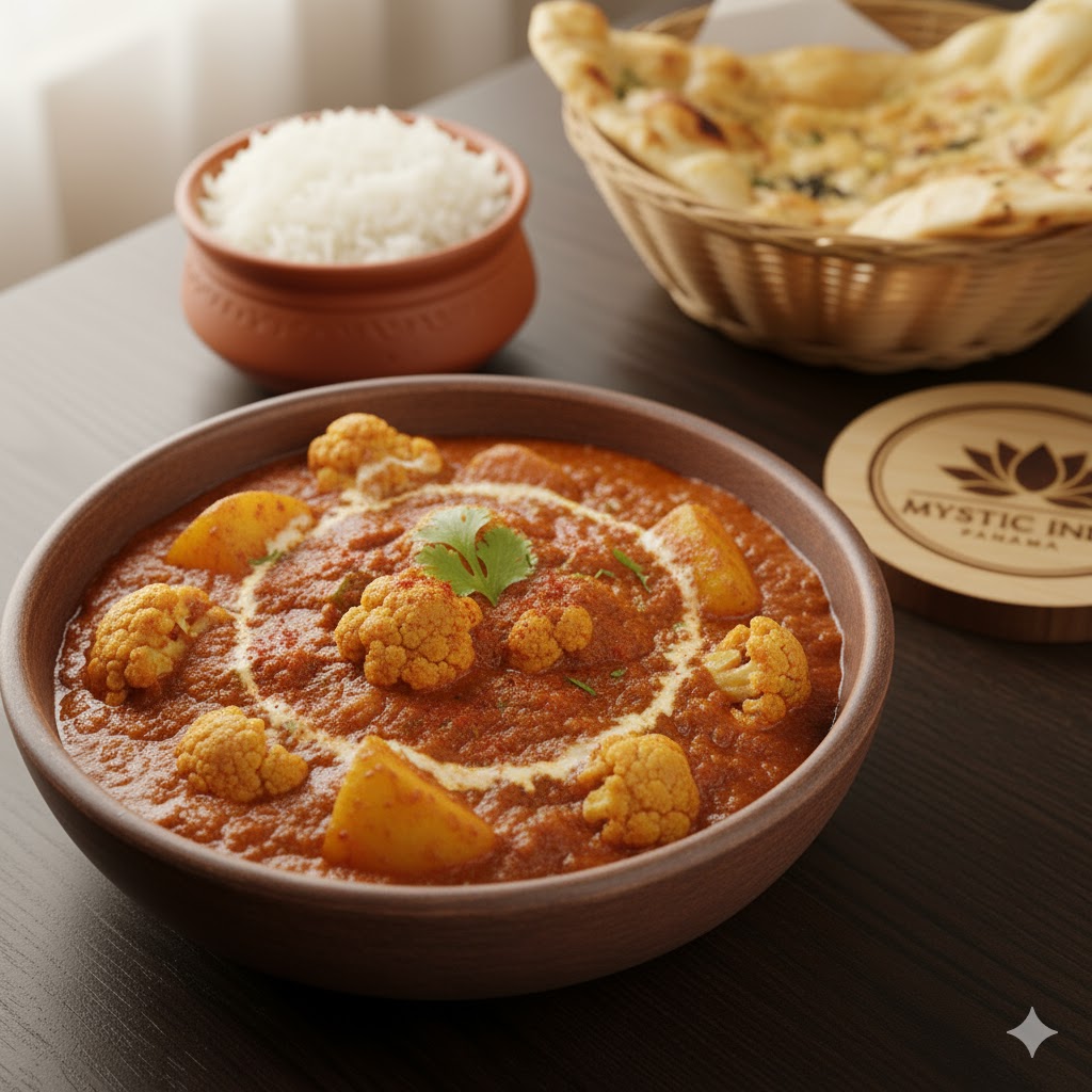 Aloo Gobi Masala served in spiced tomato-onion masala at Mystic India Panama.