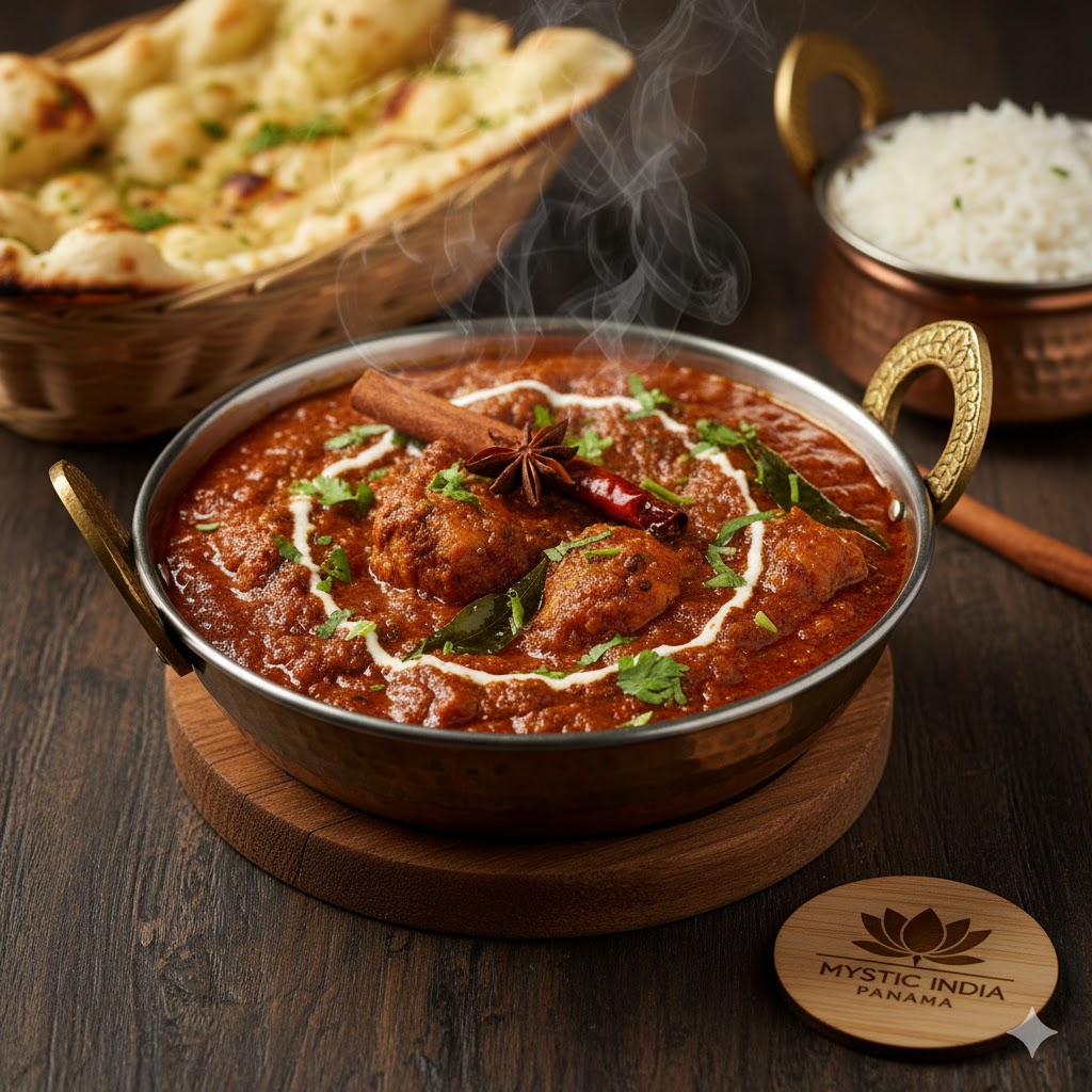 Chicken Kolhapuri served in a rich red roasted-spice curry at Mystic India Panama.