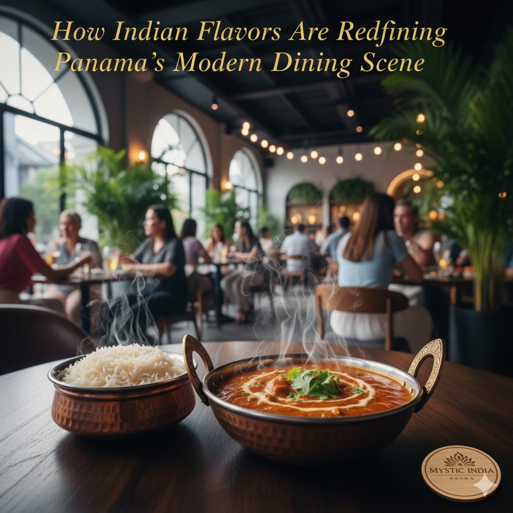 Traditional Indian curry served with basmati rice and fresh herbs in a Panama restaurant.