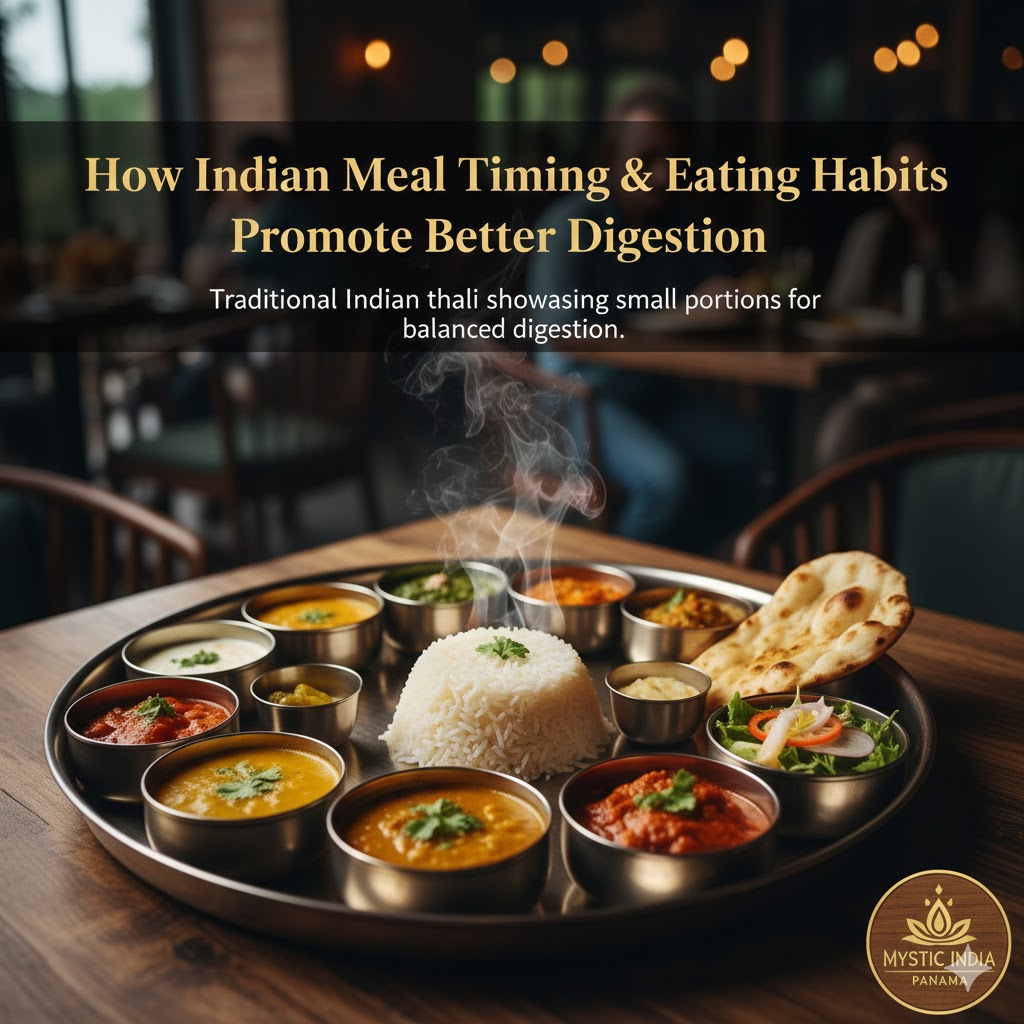 “Traditional Indian thali showcasing small portions for balanced digestion.”