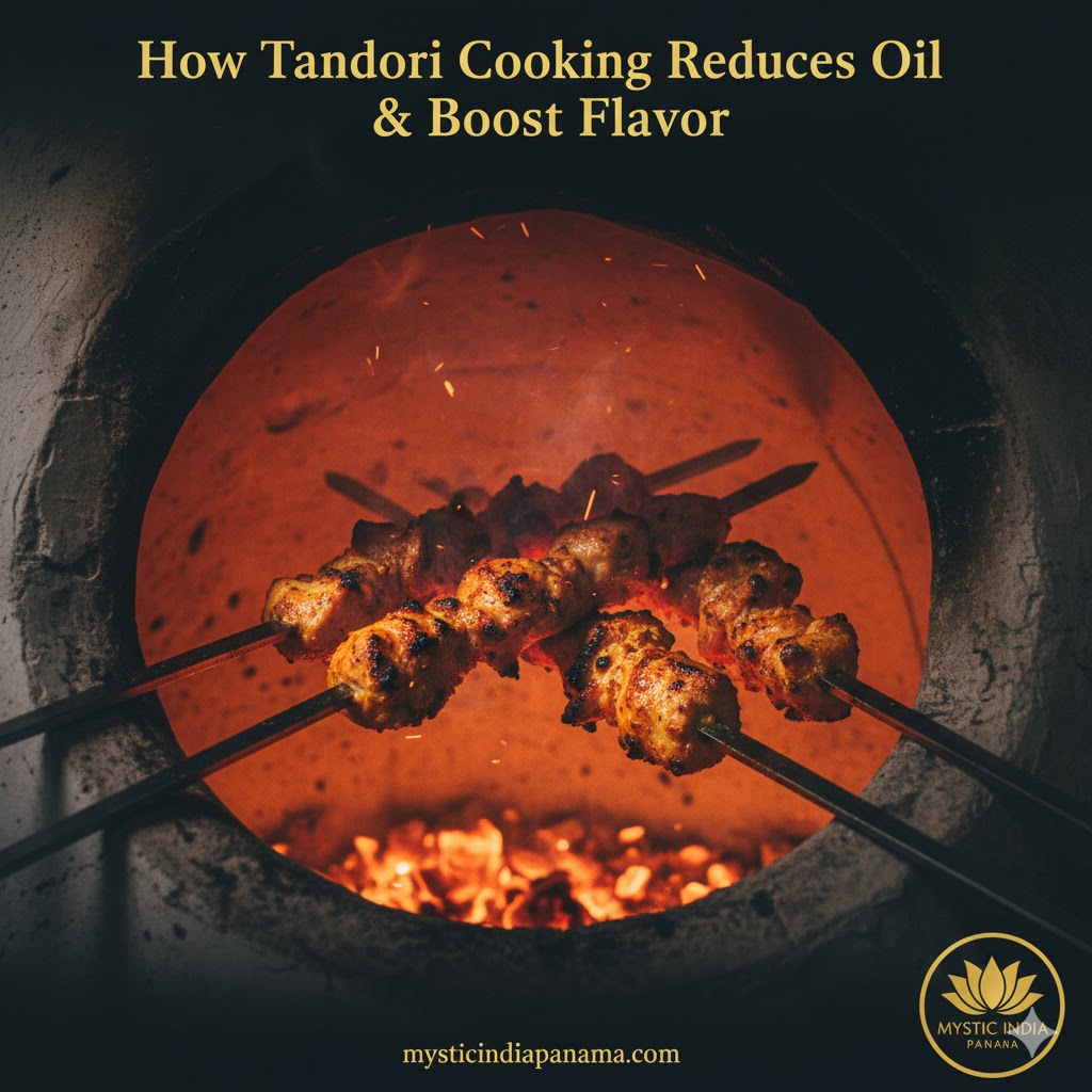 Clay oven tandoor with skewers of chicken roasting inside.