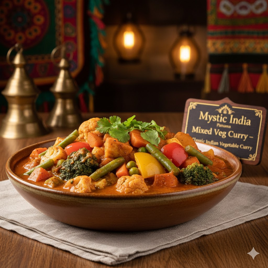 Mixed Veg Curry with colorful vegetables in rich tomato gravy at Mystic India Panama