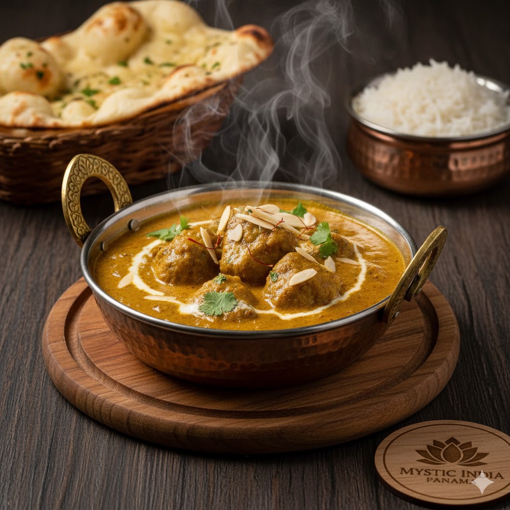 Mutton Korma served in a creamy golden Mughlai gravy at Mystic India Panama.