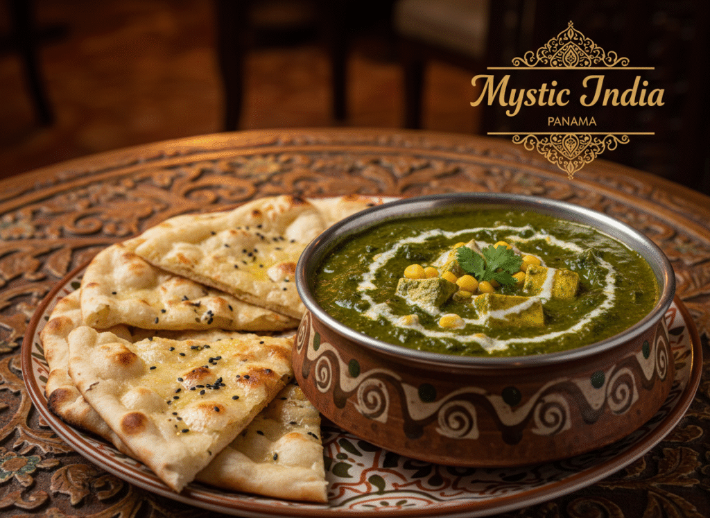 P Palak Corn Masala served in a bowl with naan on the side—Mystic India Panama