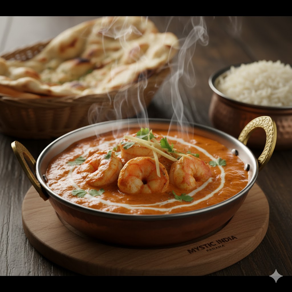 Shrimp Tikka Masala served in a creamy tomato sauce with herbs.