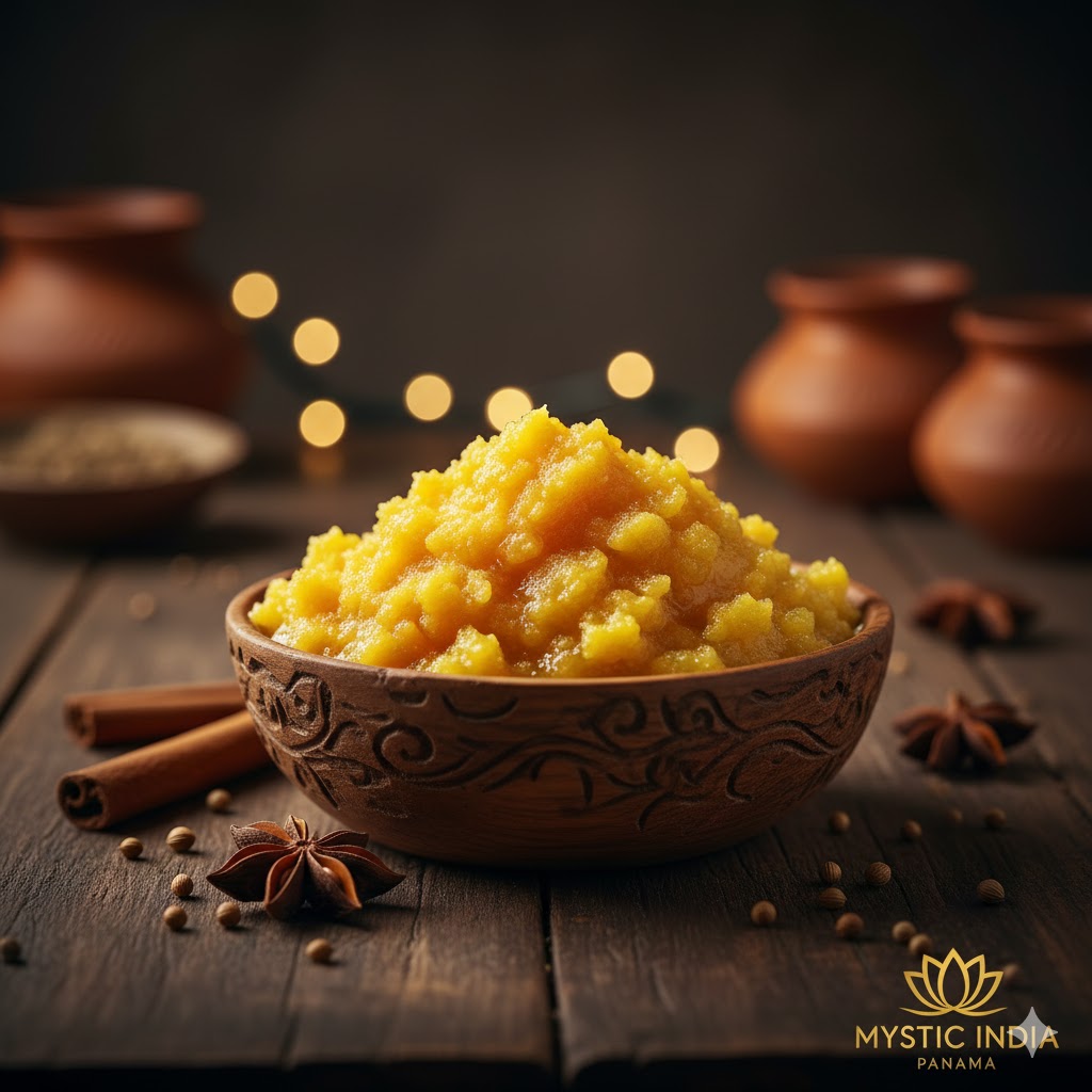 Bowl of golden Indian ghee on a wooden background