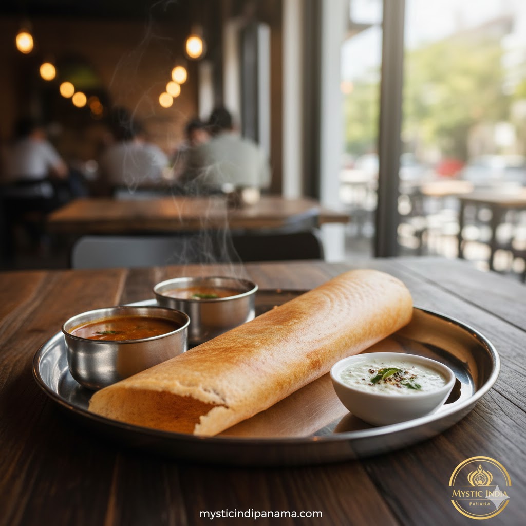 South Indian dosa served with sambar and coconut chutney.