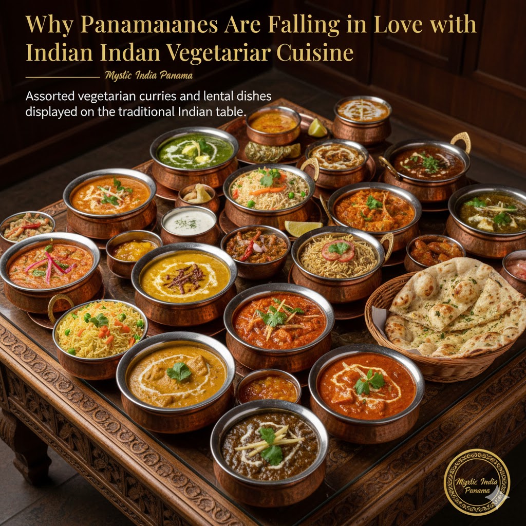 “Assorted vegetarian curries and lentil dishes displayed on a traditional Indian table.”