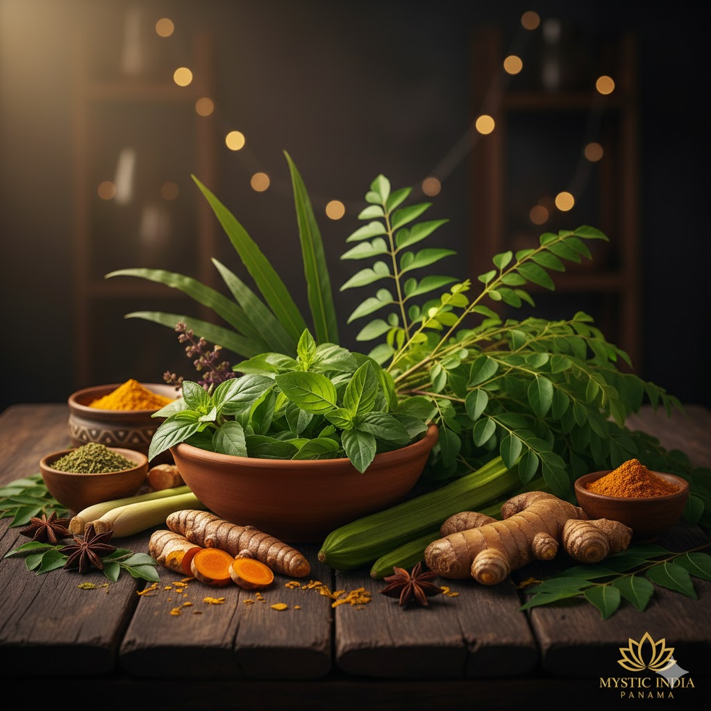 Traditional Indian herbs including tulsi, moringa, neem, ginger, and turmeric, arranged naturally