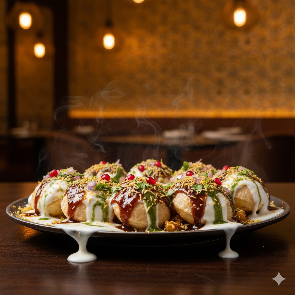 Traditional Dahi Puri Indian street food topped with yogurt, tamarind chutney, and herbs at Mystic India Panama