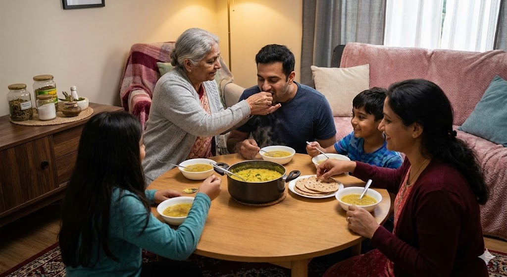 Indian family sharing a warm homemade meal symbolizing care and healing