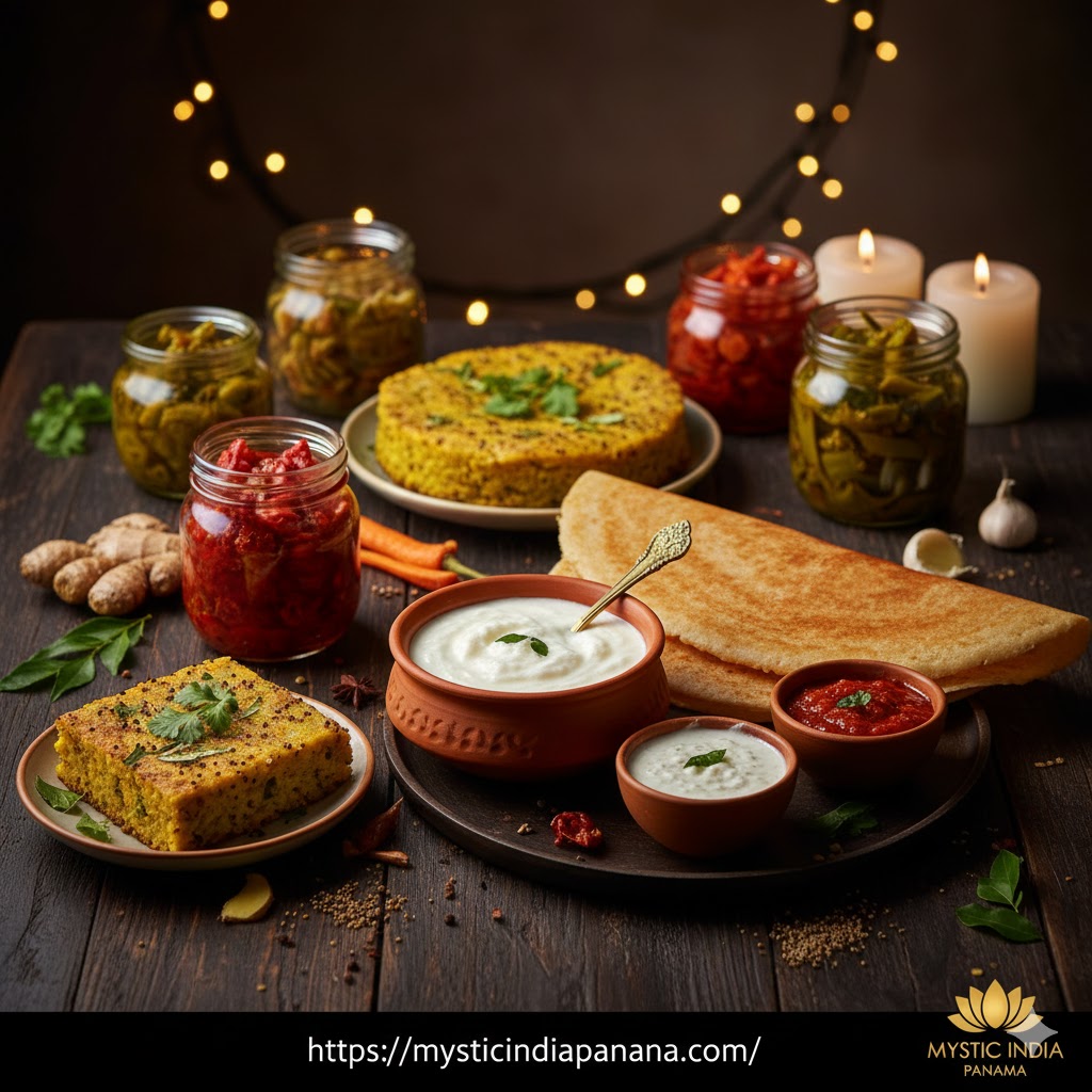 Fermented Indian foods including yogurt, dosa, and pickles at Mystic India Panama