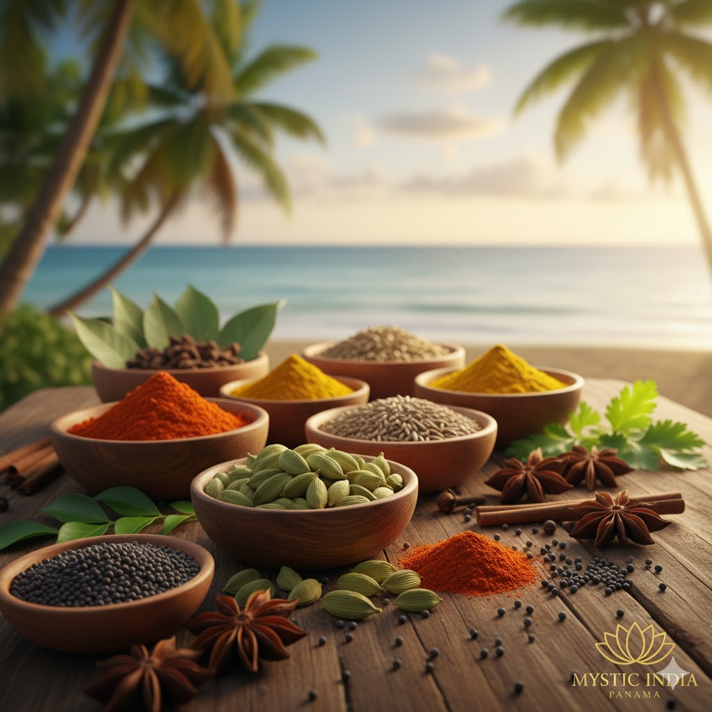 Bowl of Indian spices arranged on a wooden table