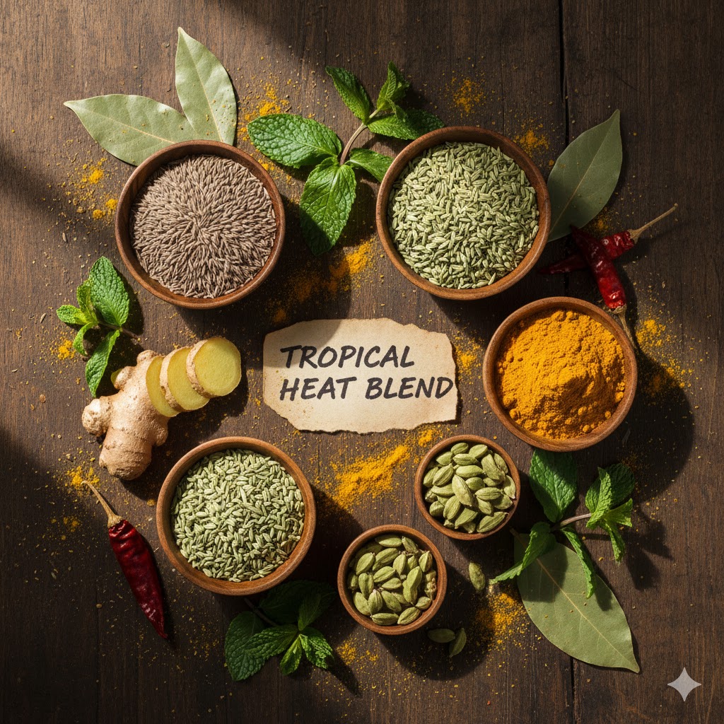 Indian spices, including cumin, coriander, fennel, turmeric, and mint displayed for tropical cooking