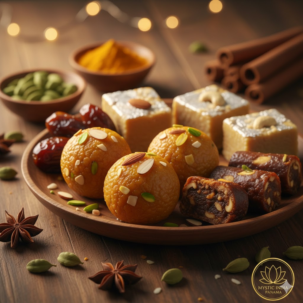 Traditional Indian sweets made with jaggery, ghee, nuts, and spices served on a plate