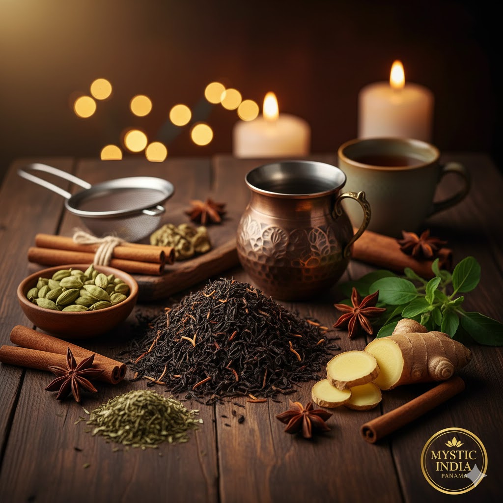 Indian tea ingredients, including spices, herbs, and chai illustrating relaxation and focus