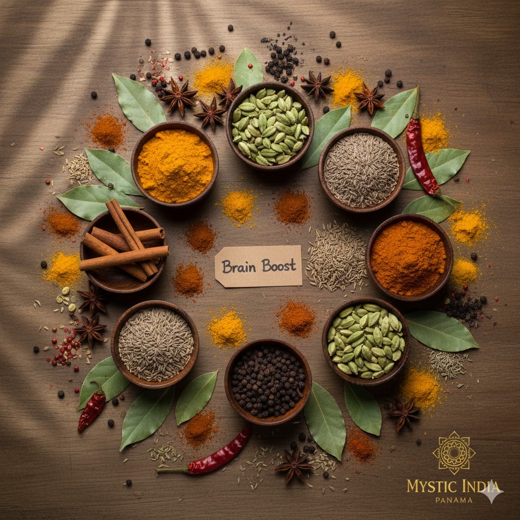 Indian spices including turmeric, cinnamon, cumin, and cardamom arranged for brain health and focus