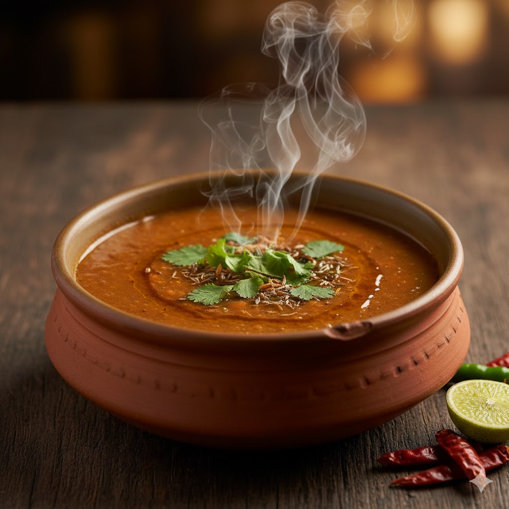 Bowl of traditional Shorba Karaboti Indian lentil soup with herbs and spices