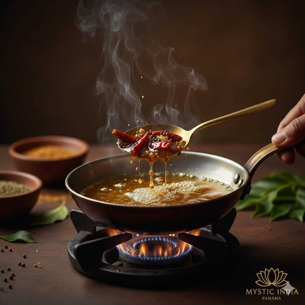 Indian tadka process with spices sizzling in hot ghee