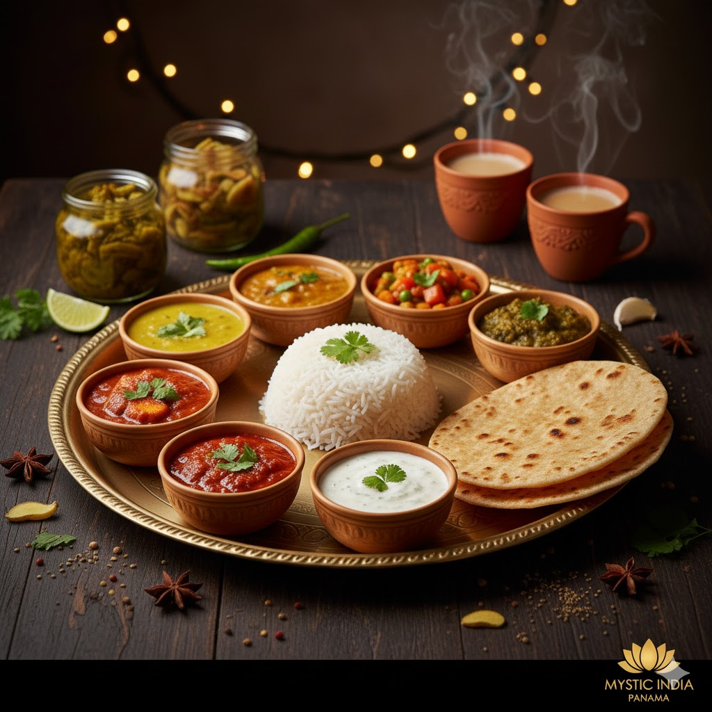 Traditional Indian thali platter showcasing balanced dishes, colors, and textures served at Mystic India Panama