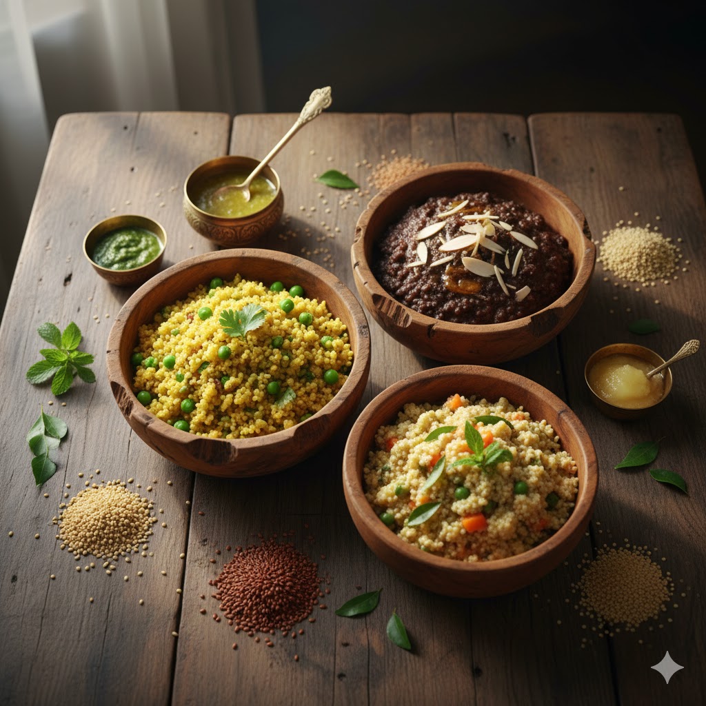 Healthy Indian grains millet ragi amaranth served in rustic bowls