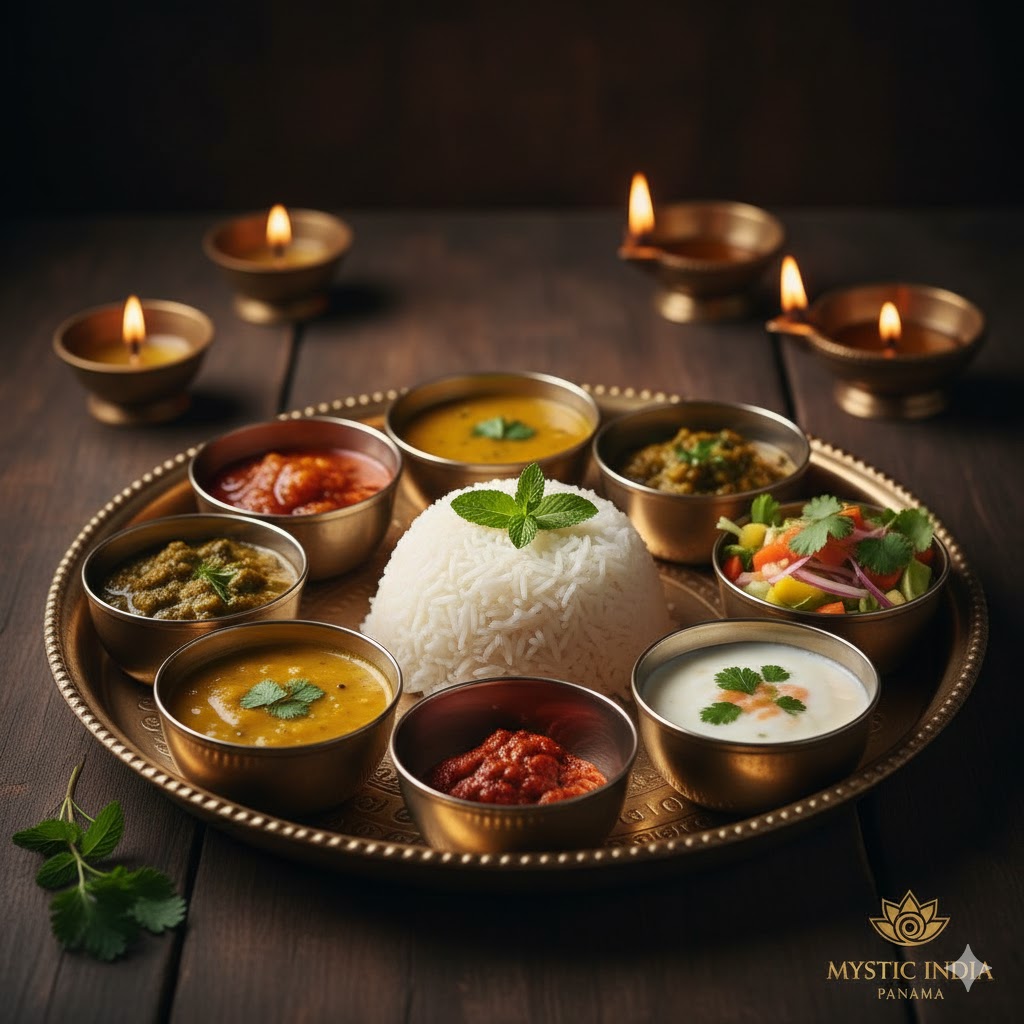 Traditional Indian thali displaying balanced Ayurvedic meal components