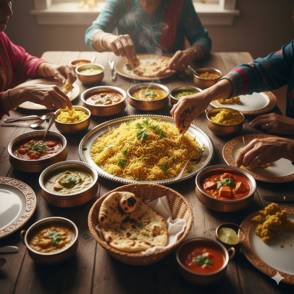 Indian shared dining table with curries, naan, and rice promoting togetherness