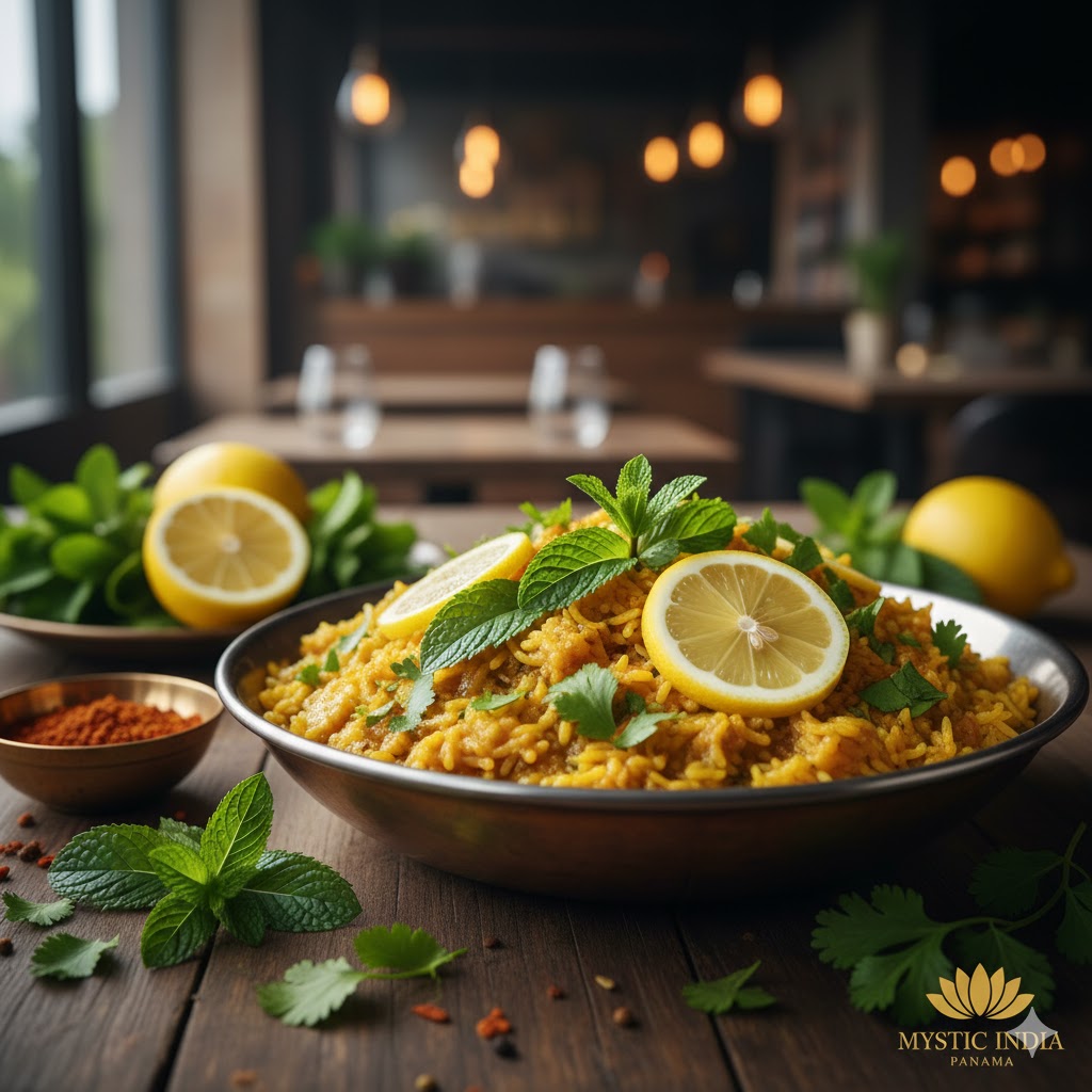 Food Fresh Indian dish garnished with lemon slices, mint leaves, and coriander at Mystic India Panama