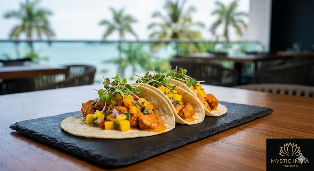 Modern Indian fusion dish served with artistic plating at Mystic India Panama