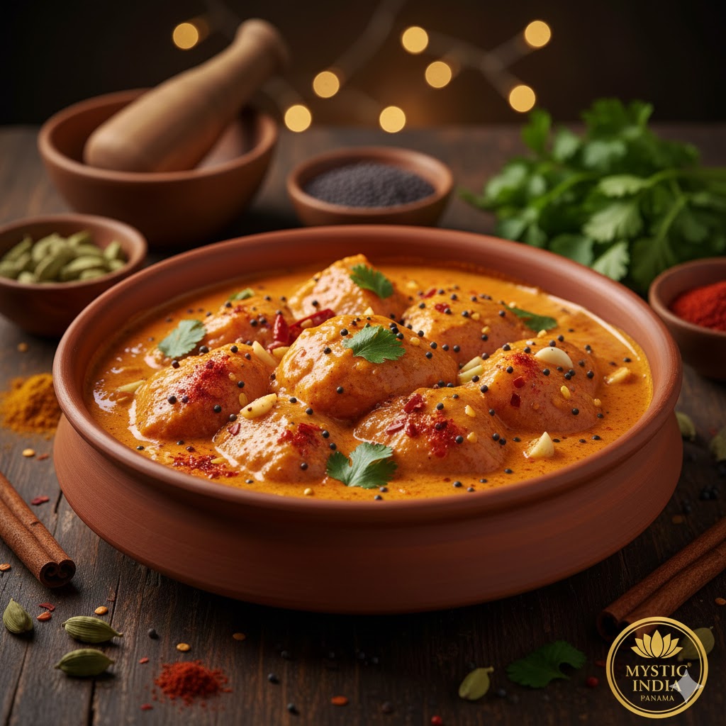Indian chicken marinated with yogurt and spices in a traditional preparation bowl