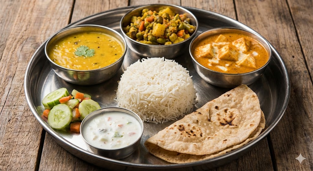 Indian balanced meal showing lentils, vegetables, rice, and curry