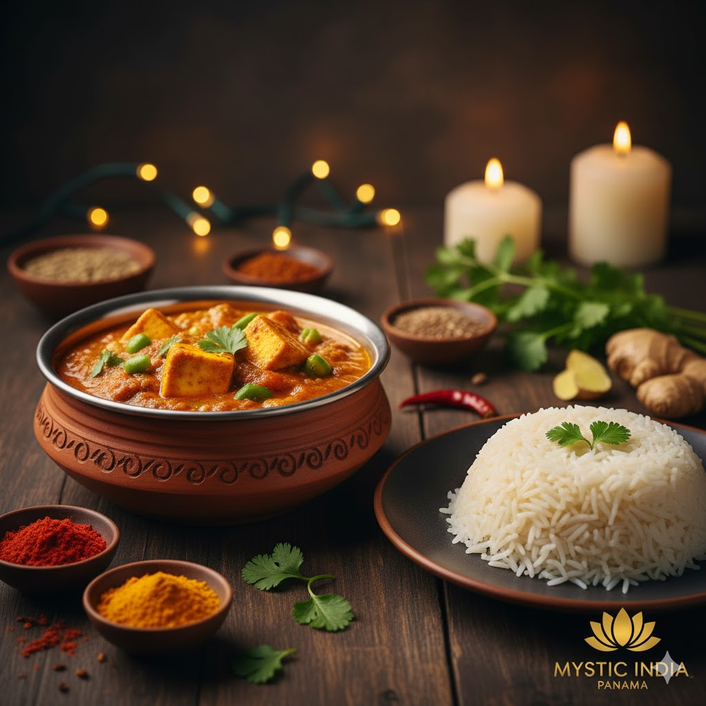Traditional gluten-free Indian curry served with basmati rice at Mystic India Panama