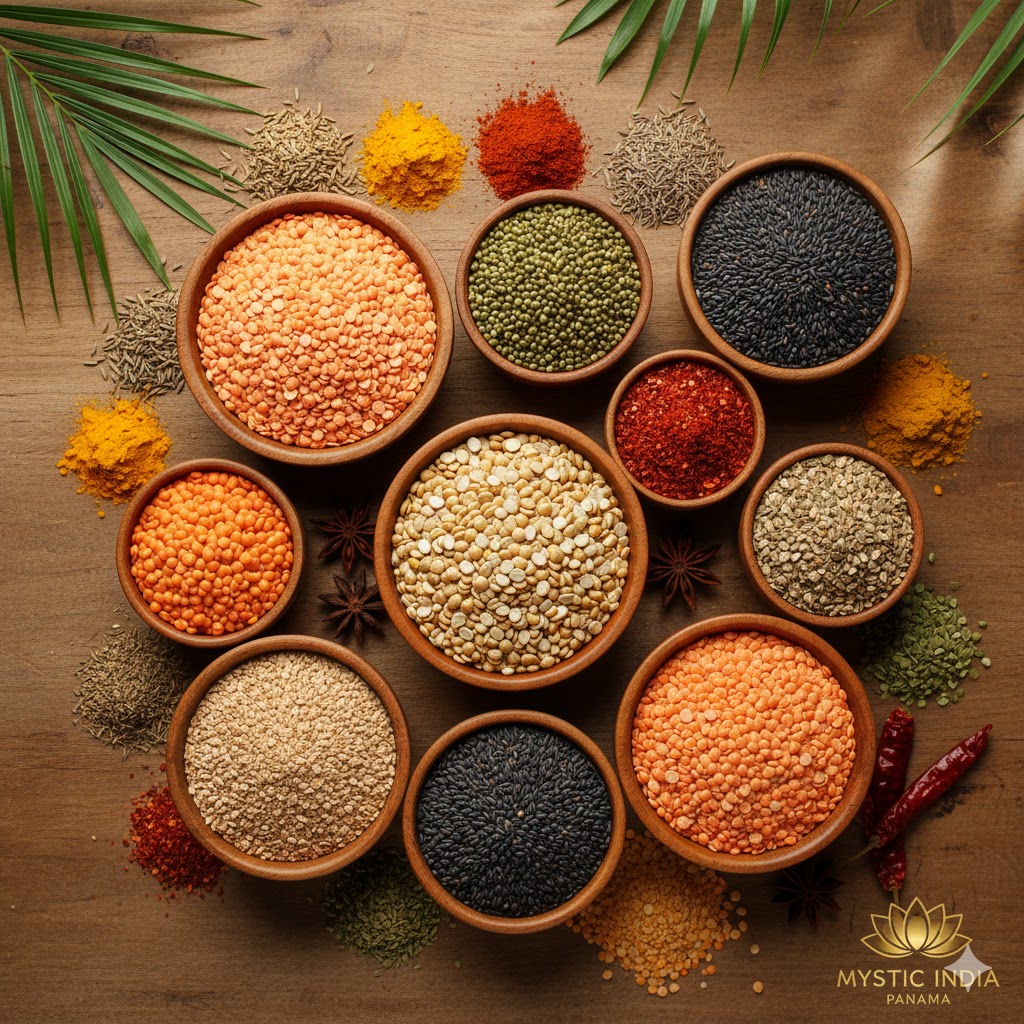 Assorted Indian lentils and dals displayed with spices, representing high-protein tropical Indian cuisine