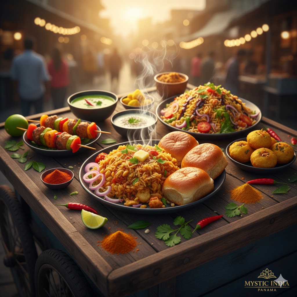 Indian street food showcasing flavor balance, spices, and nutrition