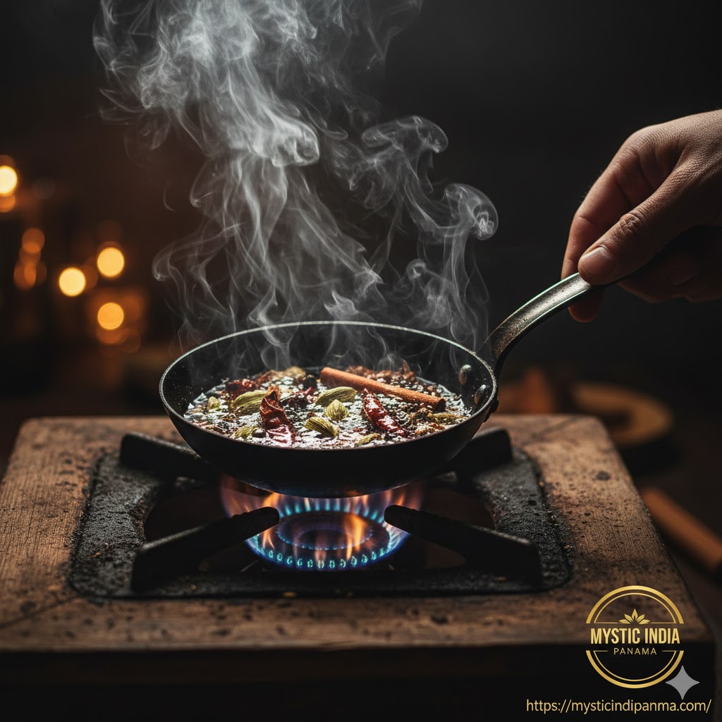 Whole spices sizzling in hot oil for tempering