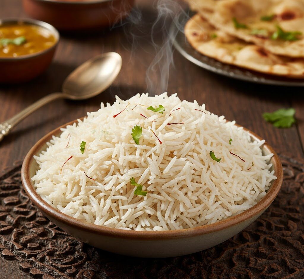Steamed basmati rice with long, fluffy grains served Indian-style.