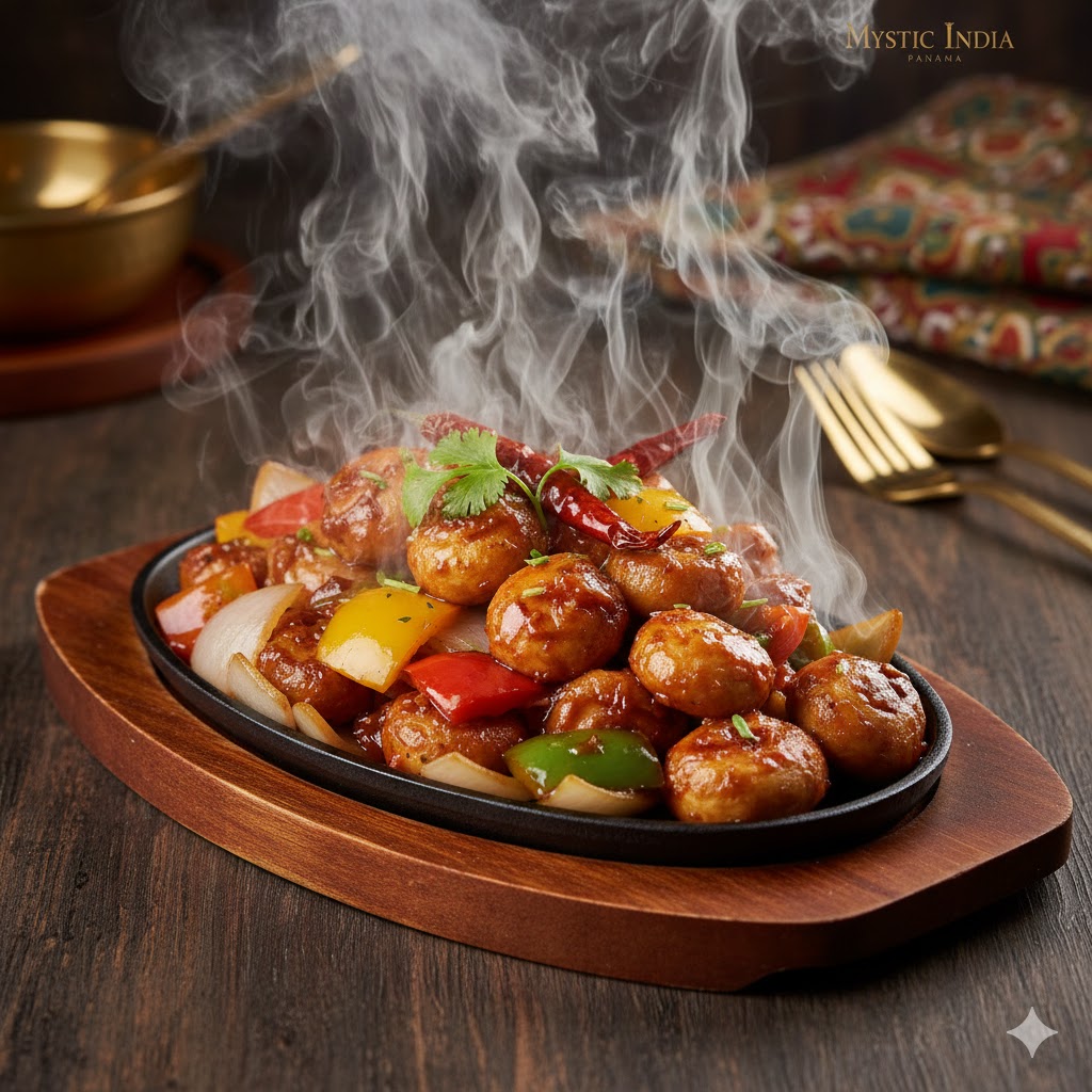 Spicy Chilli Mushrooms Sizzler with steam rising and colorful peppers on a sizzling plate