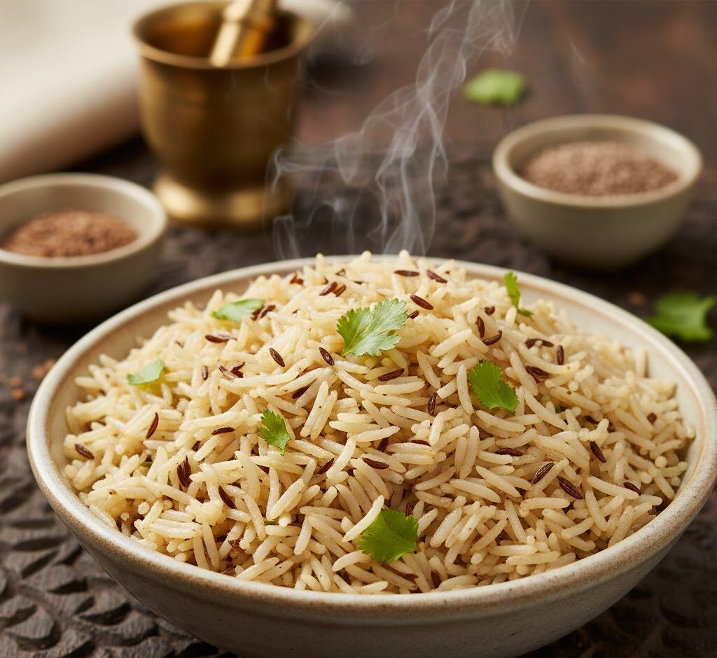 Jeera rice made with basmati rice and toasted cumin seeds served fresh.