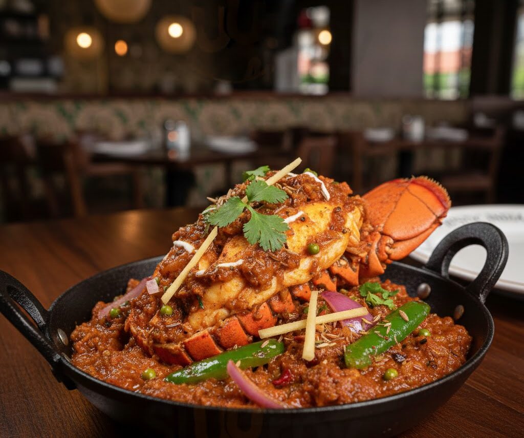 Khadai lobster tail cooked in spiced tomato-onion masala at Mystic India Panama.