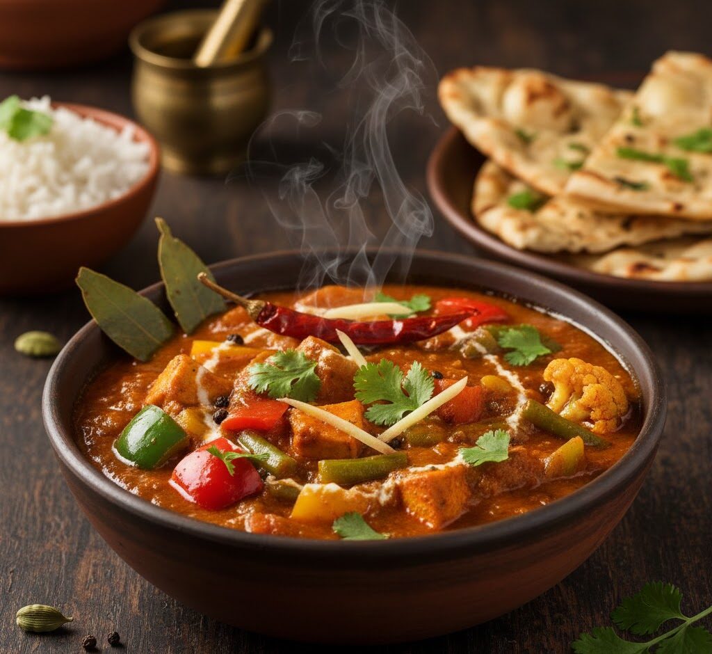 Khadai veg curry with mixed vegetables cooked in rustic Indian masala.