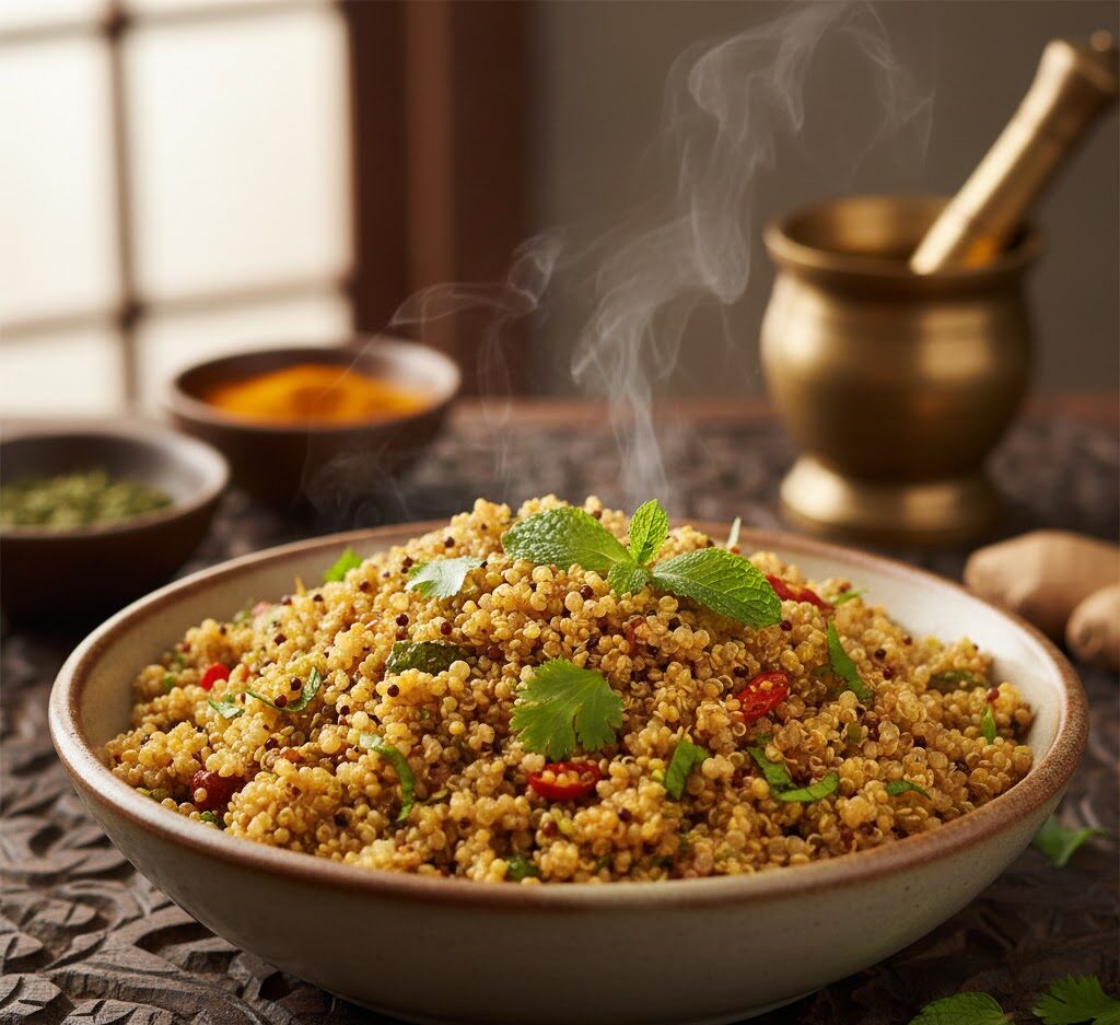 Masala quinoa cooked with Indian spices and herbs in a light, fluffy texture.