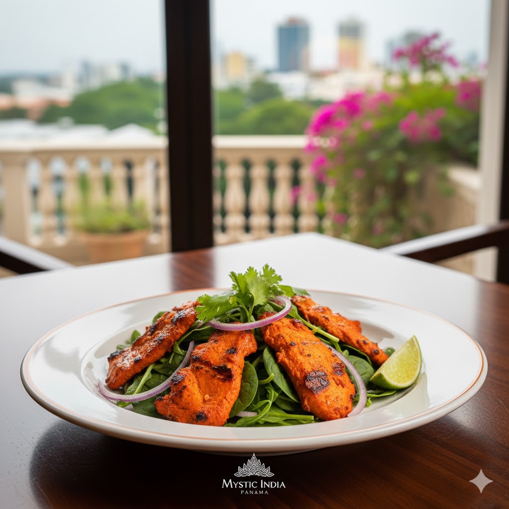 Grilled chicken tikka served over fresh salad with herbs and lemon at Mystic India Panama