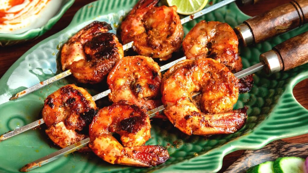 Tiger prawns tikka grilled with Indian spices at Mystic India Panama.