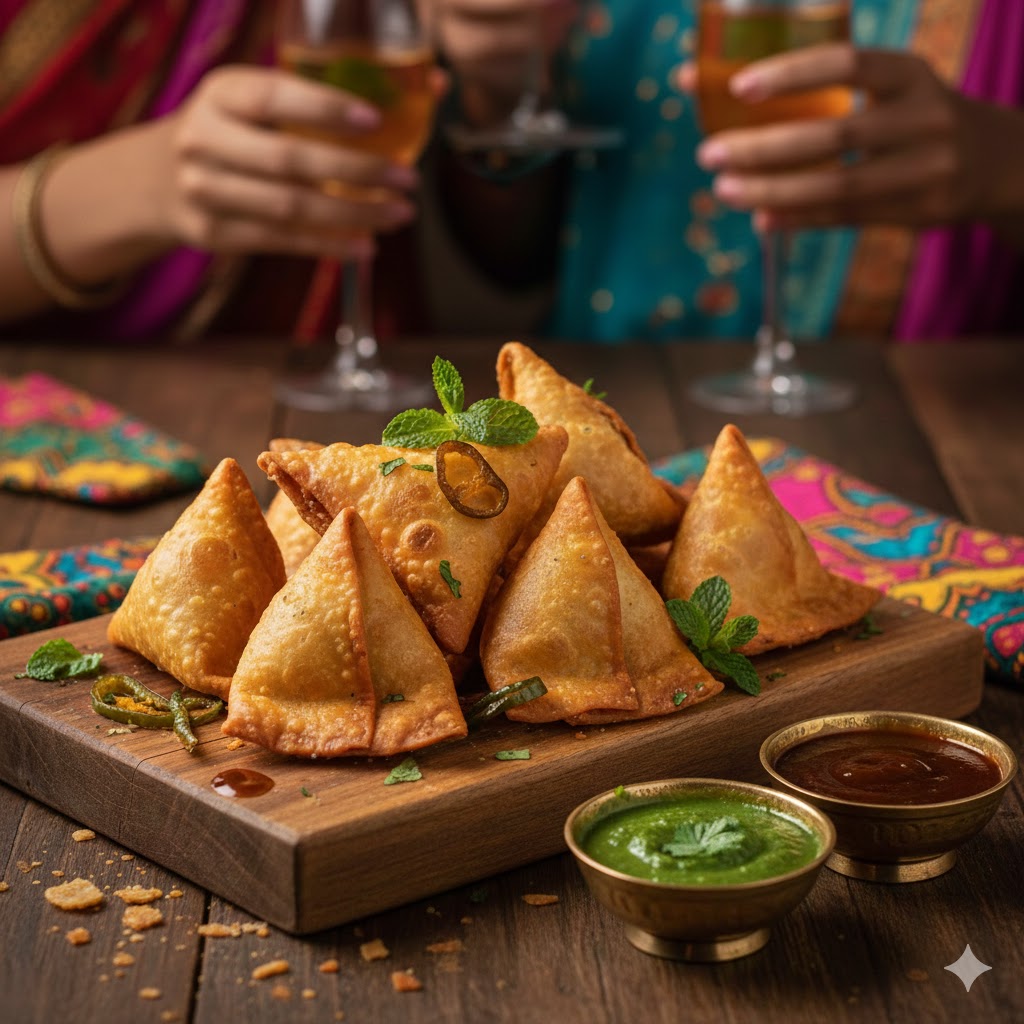 Crispy cocktail samosas served hot with mint and tamarind chutney at Mystic India Panama.