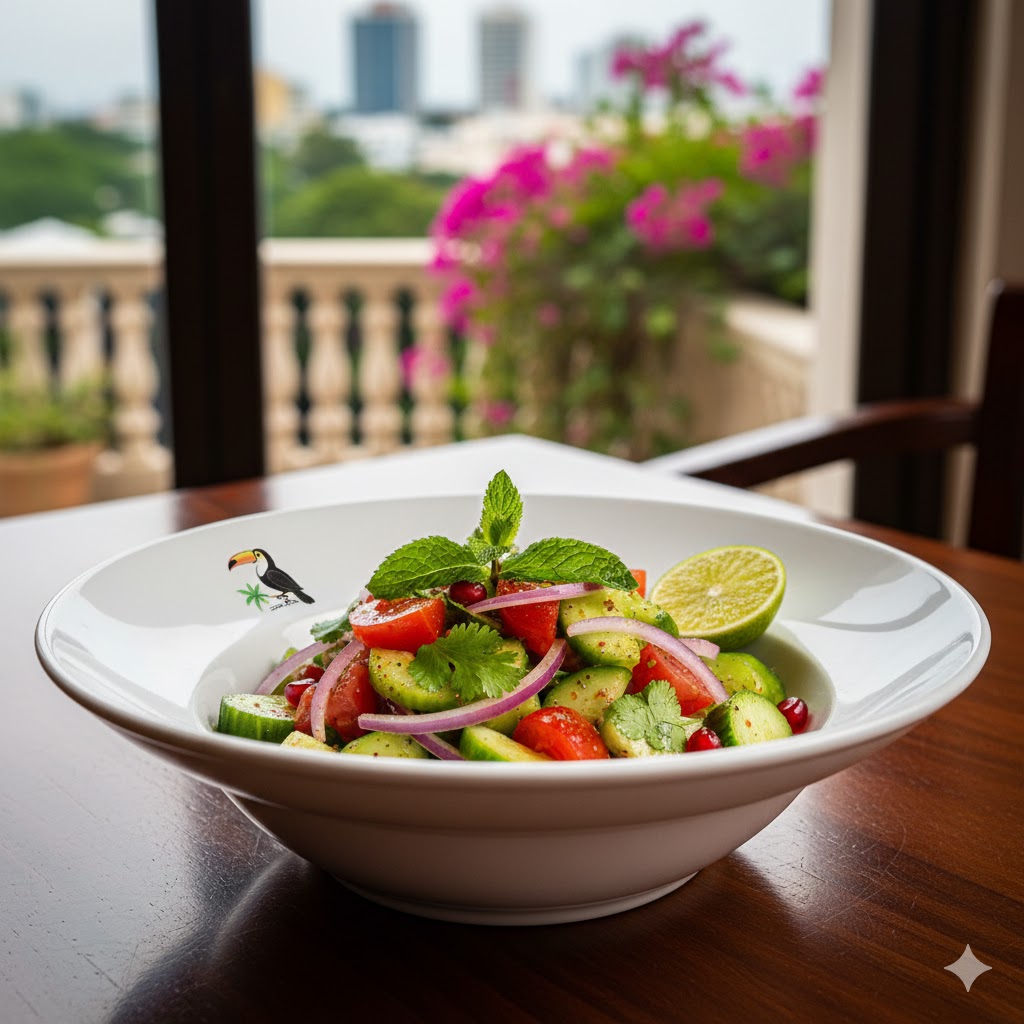 Fresh Kachumber Salad with cucumber, tomato, onion, lemon, and herbs served at a restaurant in Panama
