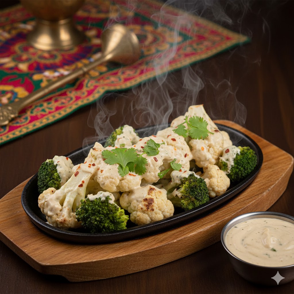 Grilled malai broccoli and cauliflower served with creamy marinade and herbs at Mystic India Panama.