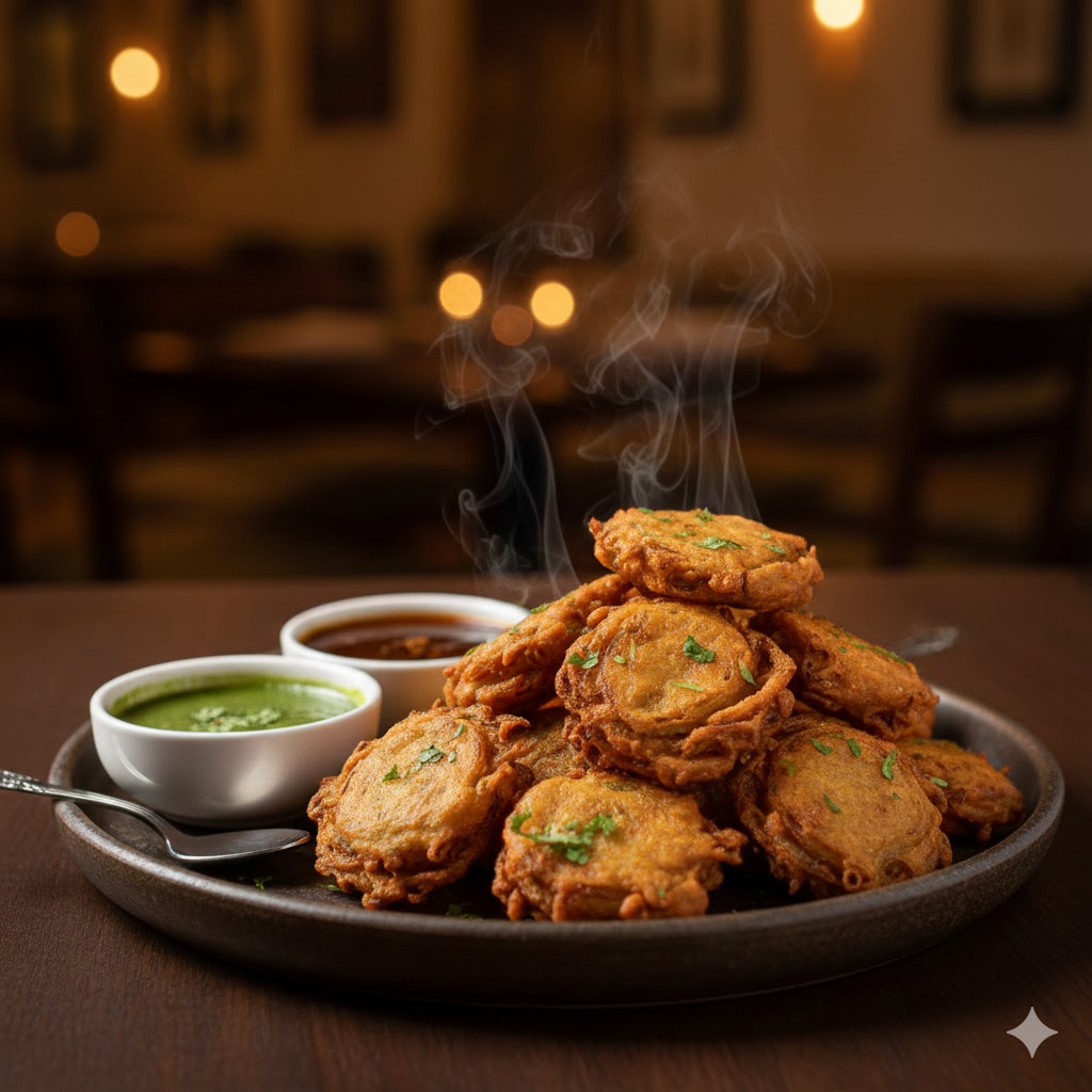 Crispy golden onion pakoda served hot with chutneys at Mystic India Panama.