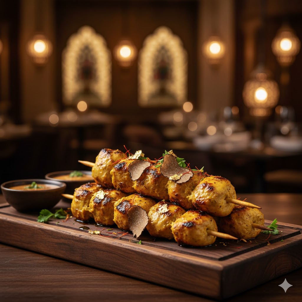 Luxury saffron and truffle chicken kebabs grilled to perfection at Mystic India Panama.