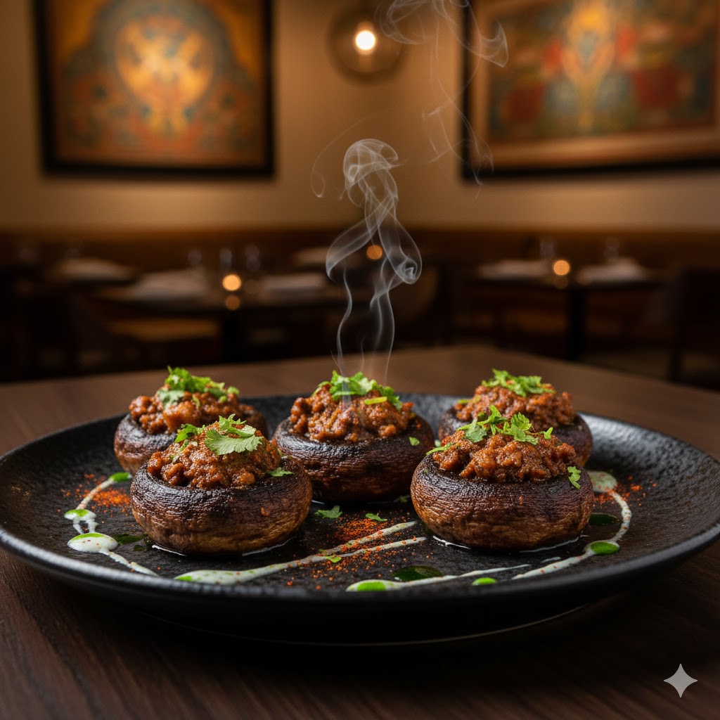 Smoky tandoori stuffed mushrooms served as an appetizer at Mystic India Panama in Panama City.